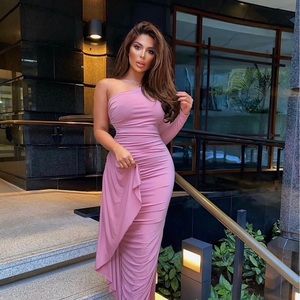 Club London rose pink one shoulder ruched side detail maxi dress